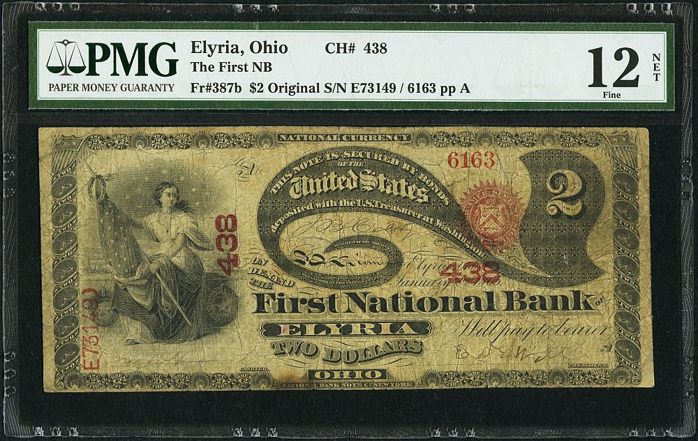 Elyria, OH, Ch. #438, 1st NB, Original $2 "Lazy Deuce", 6163, Fine, PMG-12n